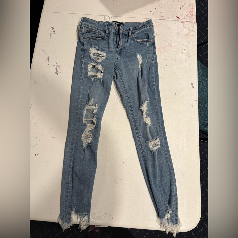 Express Light Blue Skinny Distressed Jeans
